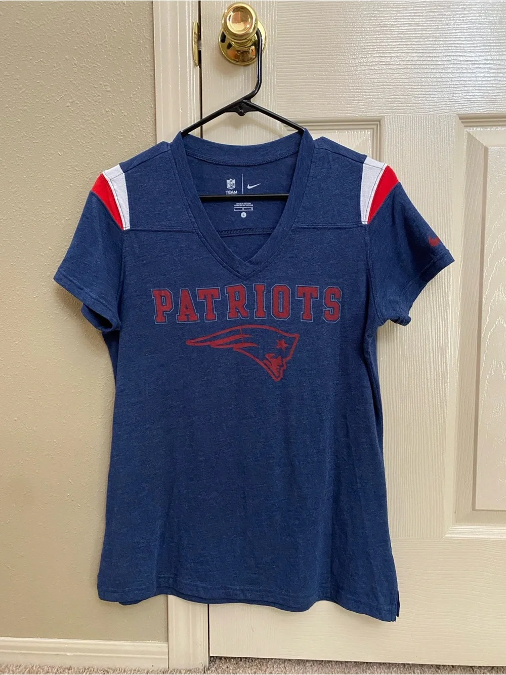 Nike Navy Patriots V-Neck Tee with Red & White Shoulder Panels